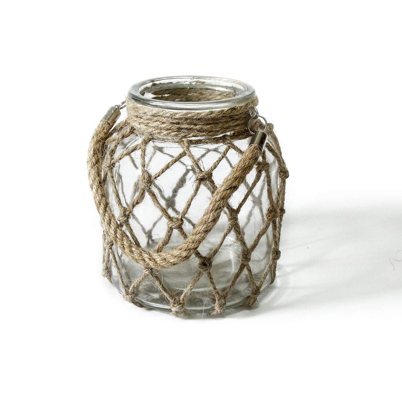 Funsoba Rustic Hanging Mason Nautical Jar Creative Rope Net Dry Flower Glass Vase with Handle 6.5 Inch - Image 1